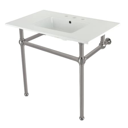 Kingston Brass 37 Console Sink with Brass Legs 8Inch, 3 Hole, WhiteBrushed Nickel KVBH37227W8BN